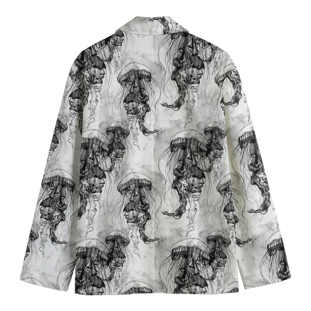 Black And White Jellyfish Pattern Print Men's Cotton Blazer
