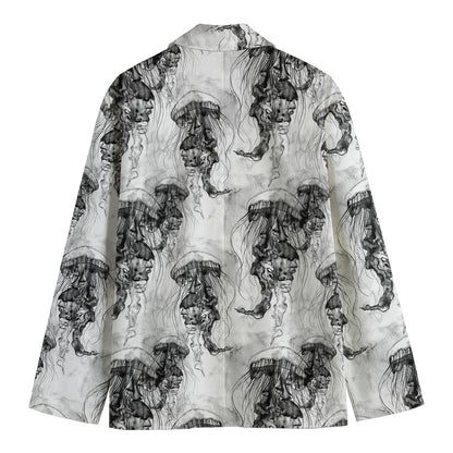 Black And White Jellyfish Pattern Print Men's Cotton Blazer
