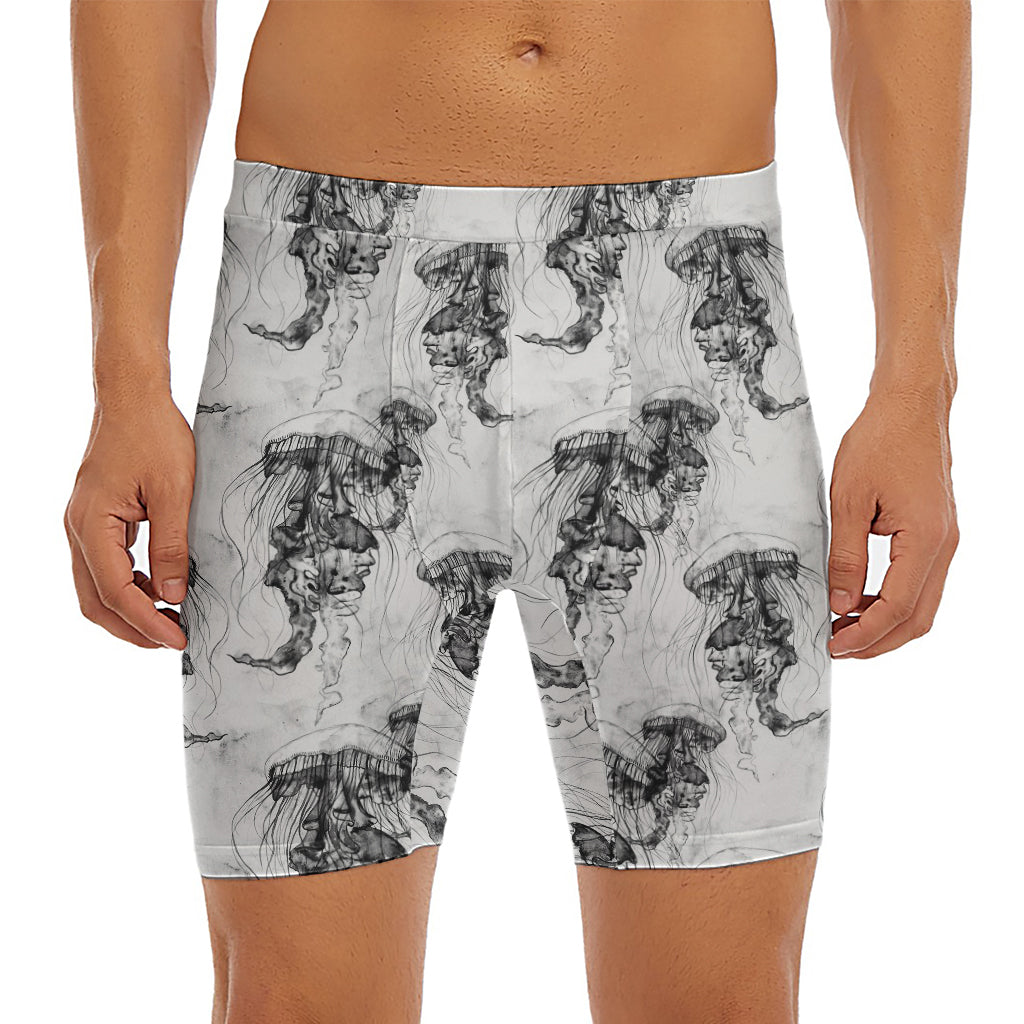 Black And White Jellyfish Pattern Print Men's Long Boxer Briefs
