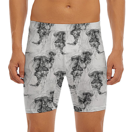 Black And White Jellyfish Pattern Print Men's Long Boxer Briefs