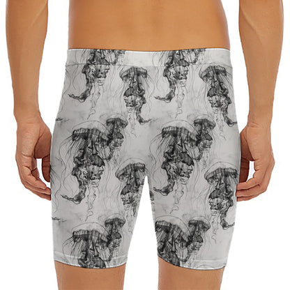 Black And White Jellyfish Pattern Print Men's Long Boxer Briefs