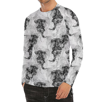 Black And White Jellyfish Pattern Print Men's Long Sleeve Rash Guard