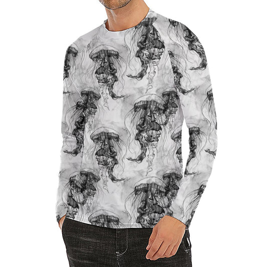 Black And White Jellyfish Pattern Print Men's Long Sleeve Rash Guard