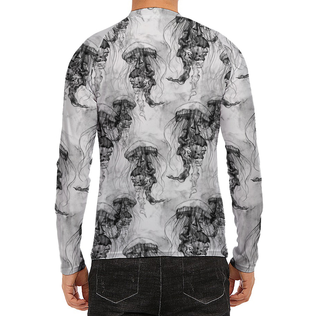 Black And White Jellyfish Pattern Print Men's Long Sleeve Rash Guard