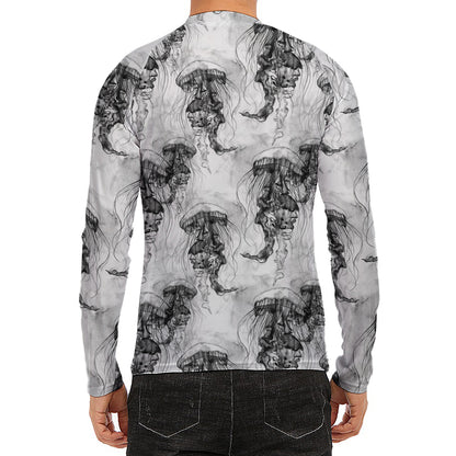 Black And White Jellyfish Pattern Print Men's Long Sleeve Rash Guard