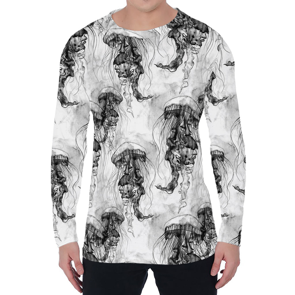 Black And White Jellyfish Pattern Print Men's Long Sleeve T-Shirt