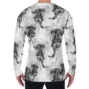 Black And White Jellyfish Pattern Print Men's Long Sleeve T-Shirt