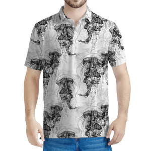 Black And White Jellyfish Pattern Print Men's Polo Shirt