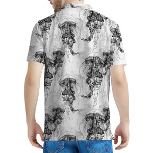 Black And White Jellyfish Pattern Print Men's Polo Shirt