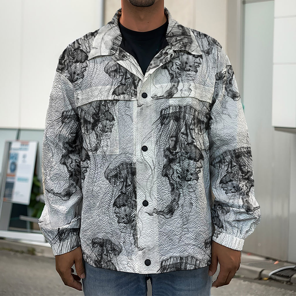 Black And White Jellyfish Pattern Print Men's Shirt Jacket