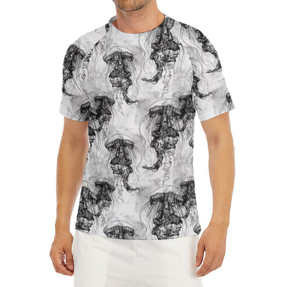 Black And White Jellyfish Pattern Print Men's Short Sleeve Rash Guard
