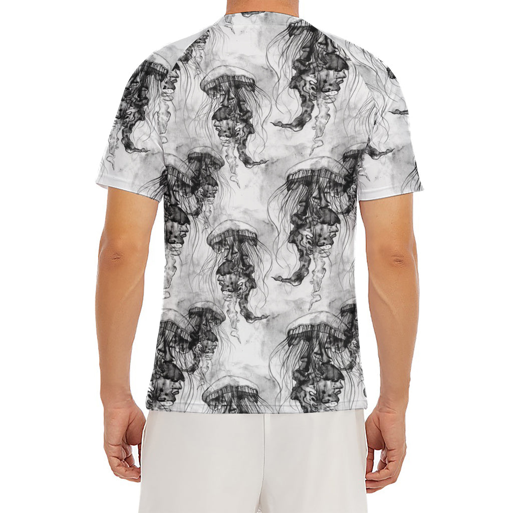Black And White Jellyfish Pattern Print Men's Short Sleeve Rash Guard