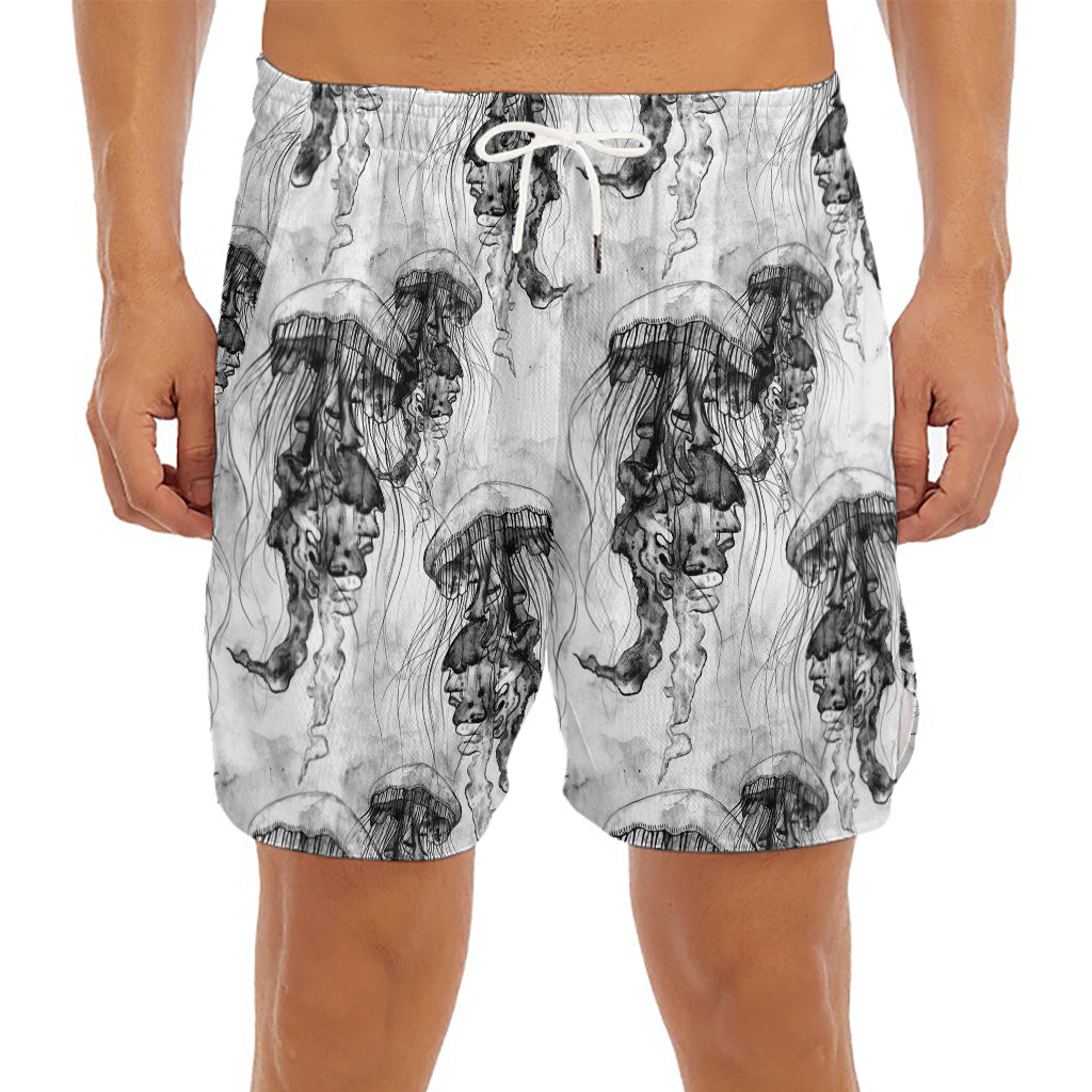 Black And White Jellyfish Pattern Print Men's Split Running Shorts