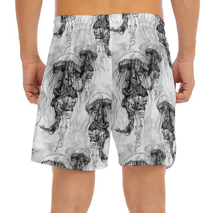 Black And White Jellyfish Pattern Print Men's Split Running Shorts