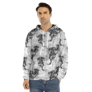 Black And White Jellyfish Pattern Print Men's Velvet Pullover Hoodie