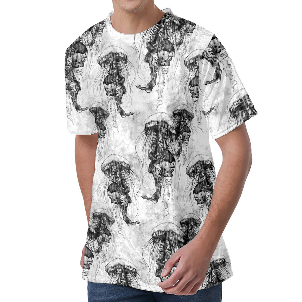 Black And White Jellyfish Pattern Print Men's Velvet T-Shirt