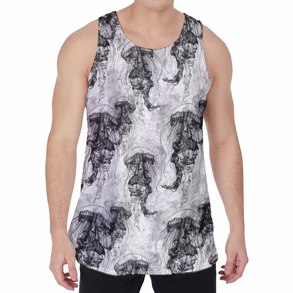 Black And White Jellyfish Pattern Print Men's Velvet Tank Top