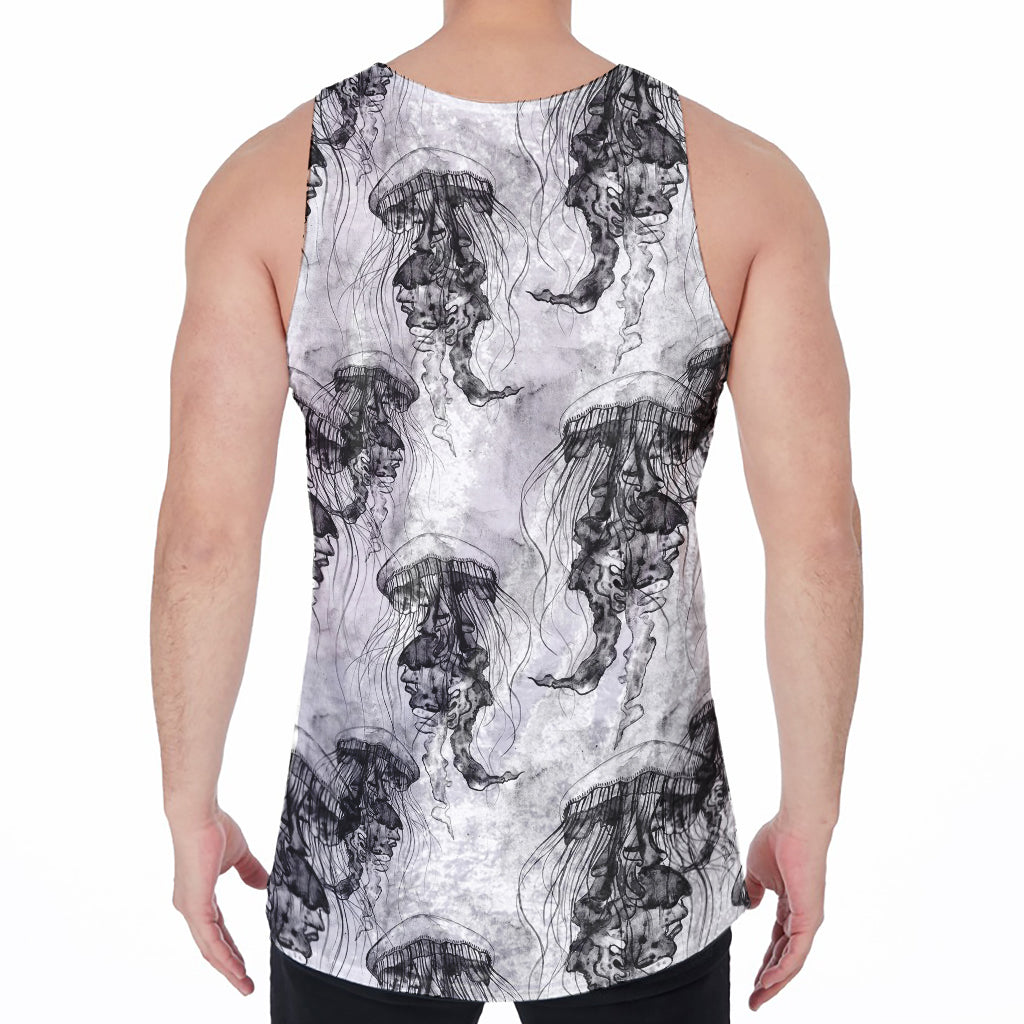 Black And White Jellyfish Pattern Print Men's Velvet Tank Top