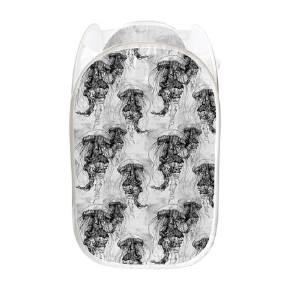 Black And White Jellyfish Pattern Print Mesh Laundry Hamper