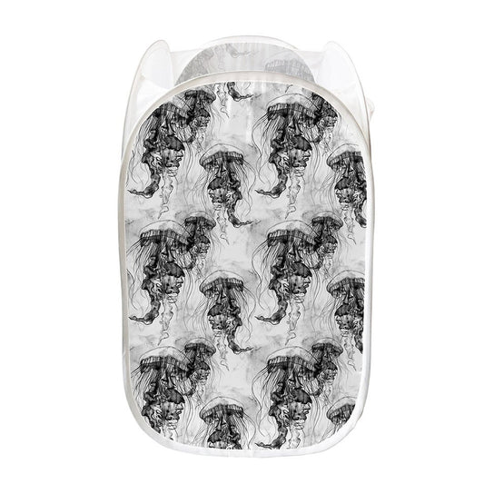 Black And White Jellyfish Pattern Print Mesh Laundry Hamper