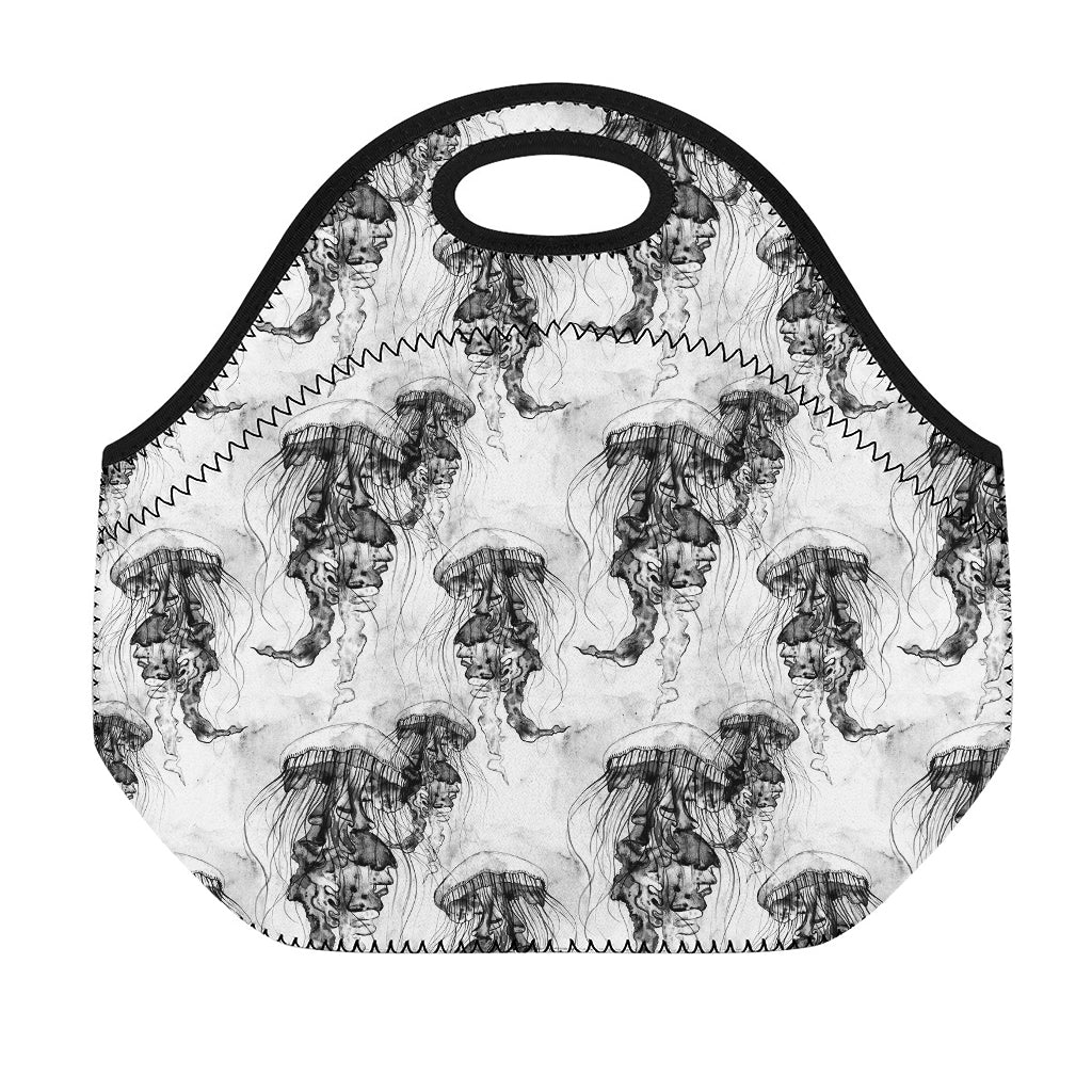 Black And White Jellyfish Pattern Print Neoprene Lunch Bag