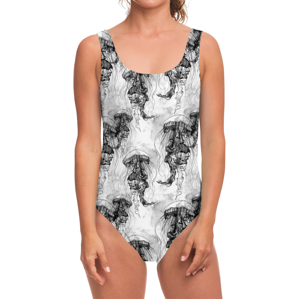 Black And White Jellyfish Pattern Print One Piece Swimsuit