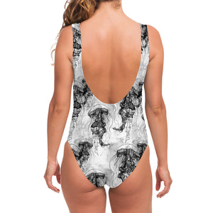 Black And White Jellyfish Pattern Print One Piece Swimsuit