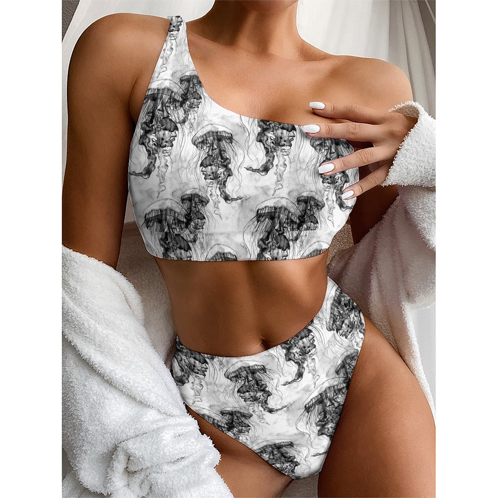 Black And White Jellyfish Pattern Print One Shoulder Bikini Top
