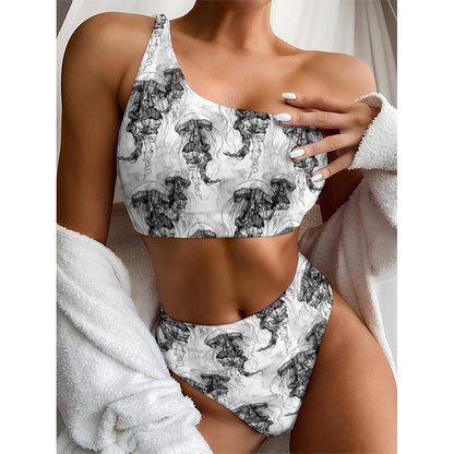 Black And White Jellyfish Pattern Print One Shoulder Bikini Top