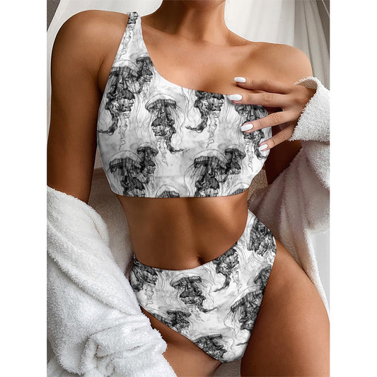 Black And White Jellyfish Pattern Print One Shoulder Bikini Top