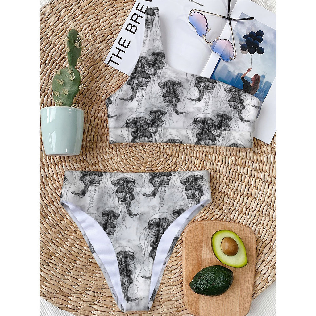 Black And White Jellyfish Pattern Print One Shoulder Bikini Top