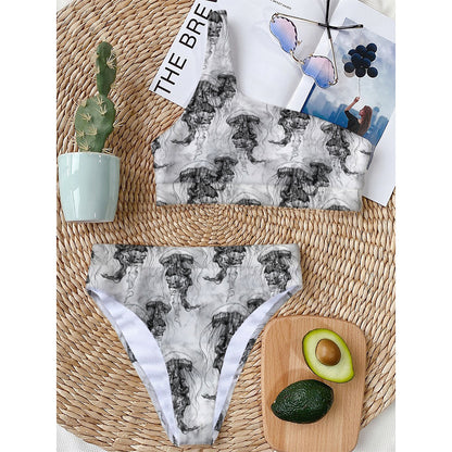 Black And White Jellyfish Pattern Print One Shoulder Bikini Top