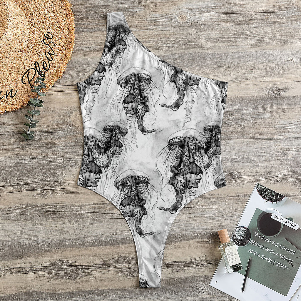 Black And White Jellyfish Pattern Print One Shoulder Bodysuit