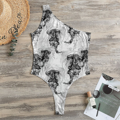 Black And White Jellyfish Pattern Print One Shoulder Bodysuit