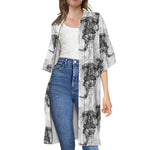 Black And White Jellyfish Pattern Print Open Front Beach Cover Up