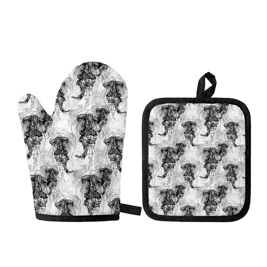 Black And White Jellyfish Pattern Print Oven Mitt And Pot Holder Set