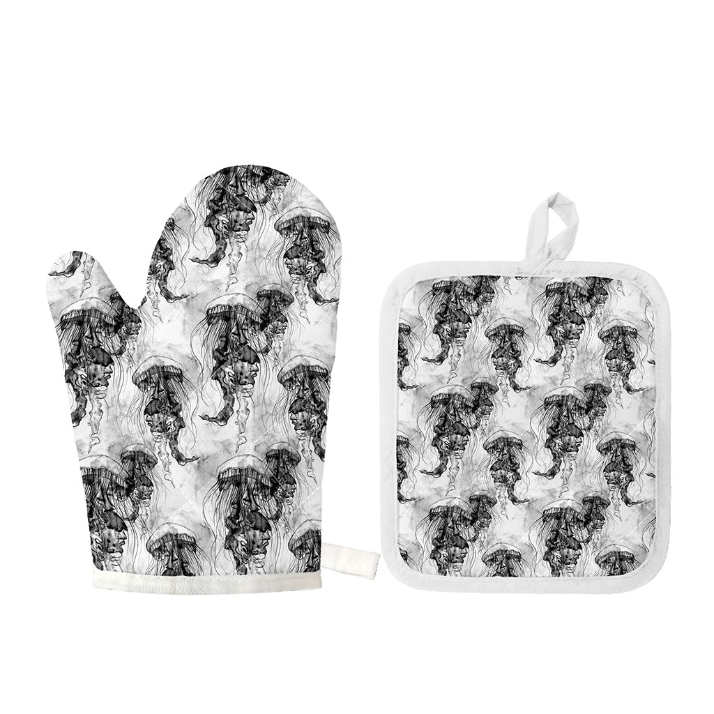 Black And White Jellyfish Pattern Print Oven Mitt And Pot Holder Set