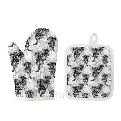 Black And White Jellyfish Pattern Print Oven Mitt And Pot Holder Set