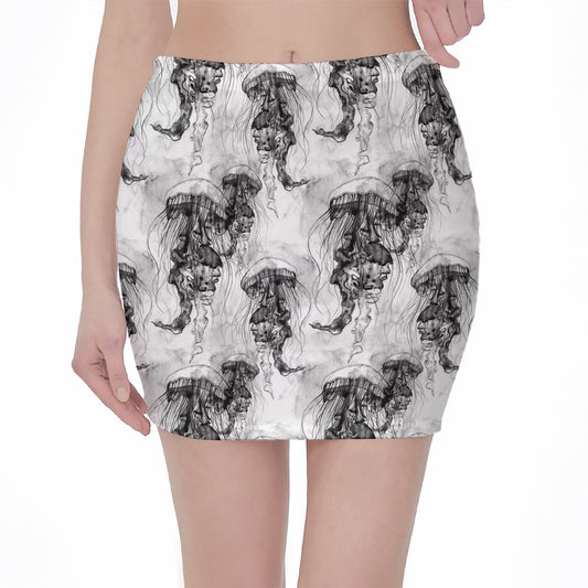Black And White Jellyfish Pattern Print Pencil Mini Skirt