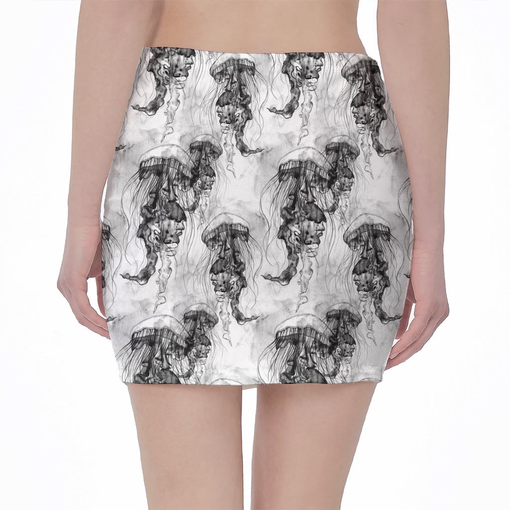 Black And White Jellyfish Pattern Print Pencil Mini Skirt