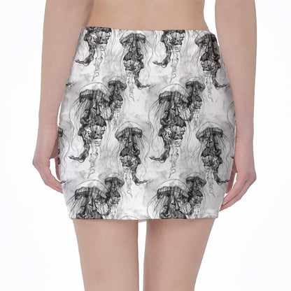 Black And White Jellyfish Pattern Print Pencil Mini Skirt