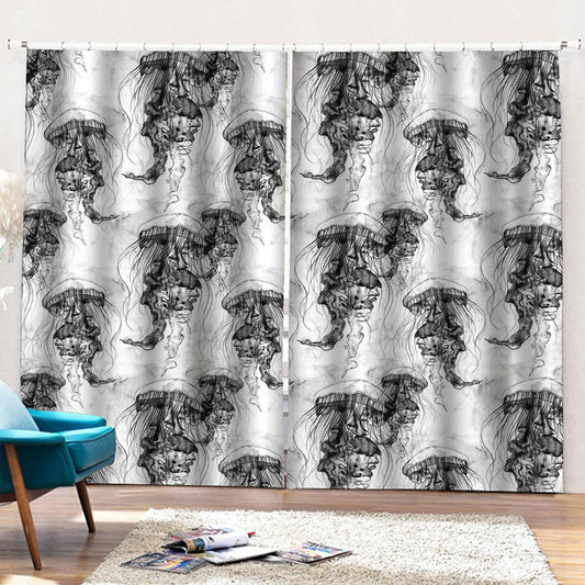 Black And White Jellyfish Pattern Print Pencil Pleat Curtains