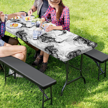 Black And White Jellyfish Pattern Print Picnic Table Cover