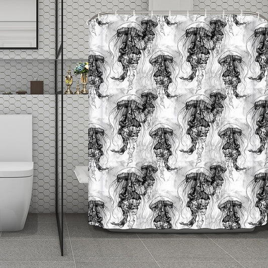 Black And White Jellyfish Pattern Print Polyester Shower Curtain