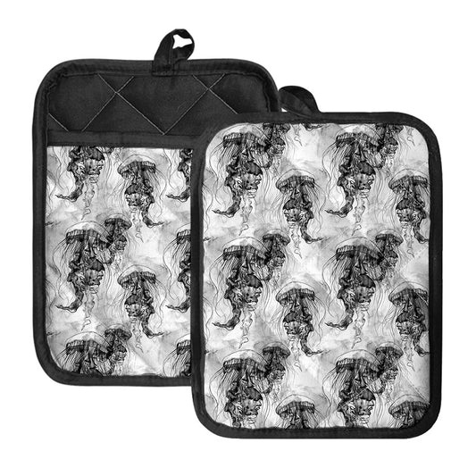 Black And White Jellyfish Pattern Print Pot Holders With Pocket