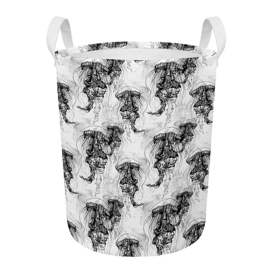 Black And White Jellyfish Pattern Print Round Laundry Basket