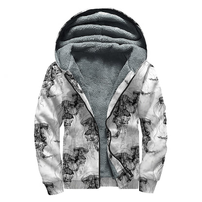 Black And White Jellyfish Pattern Print Sherpa Lined Zip Up Hoodie