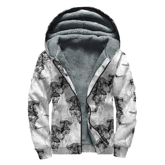 Black And White Jellyfish Pattern Print Sherpa Lined Zip Up Hoodie