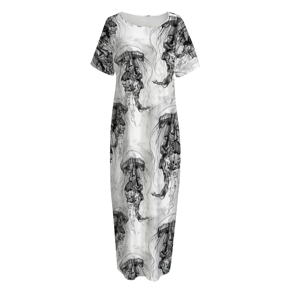 Black And White Jellyfish Pattern Print Short Sleeve Long Nightdress