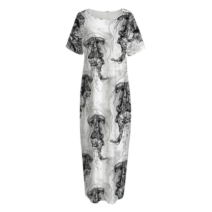 Black And White Jellyfish Pattern Print Short Sleeve Long Nightdress